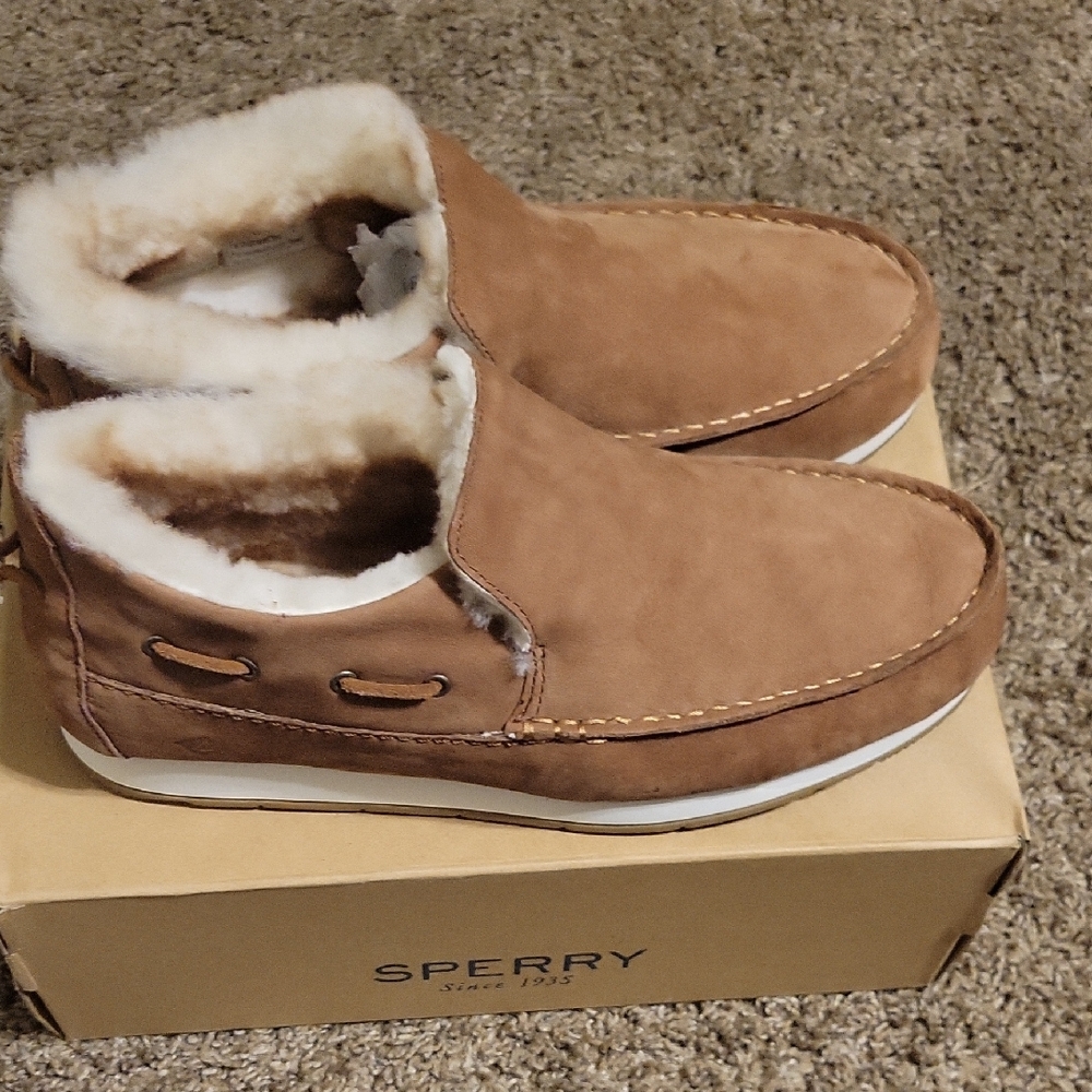 Sperry Chestnut Suede Shearling-Lined Slip-On Moccasins